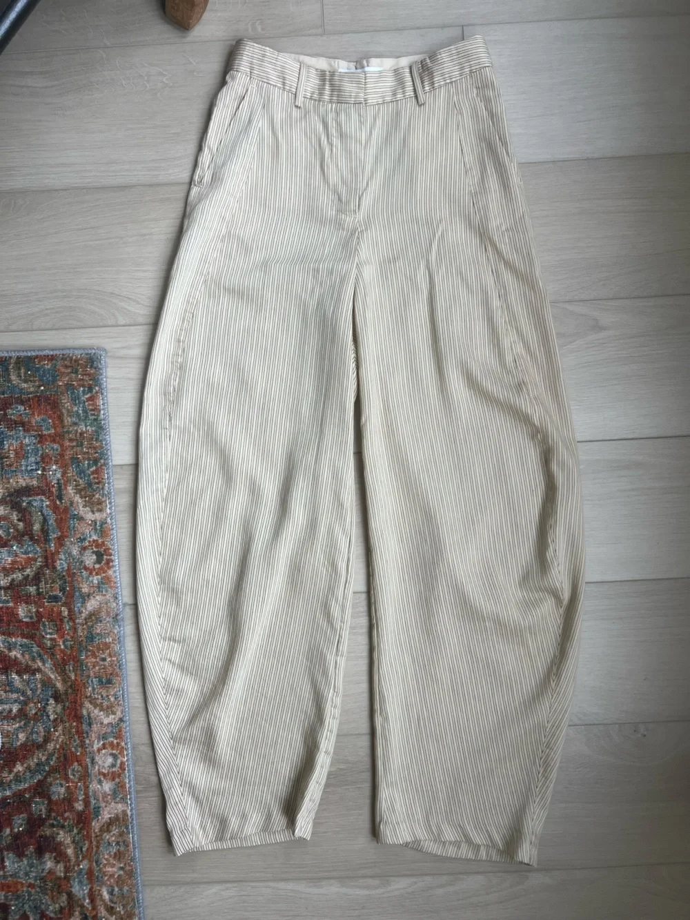 H&M EDITION Linen Blend Barrel Leg Pants Beige Black Striped Baggy